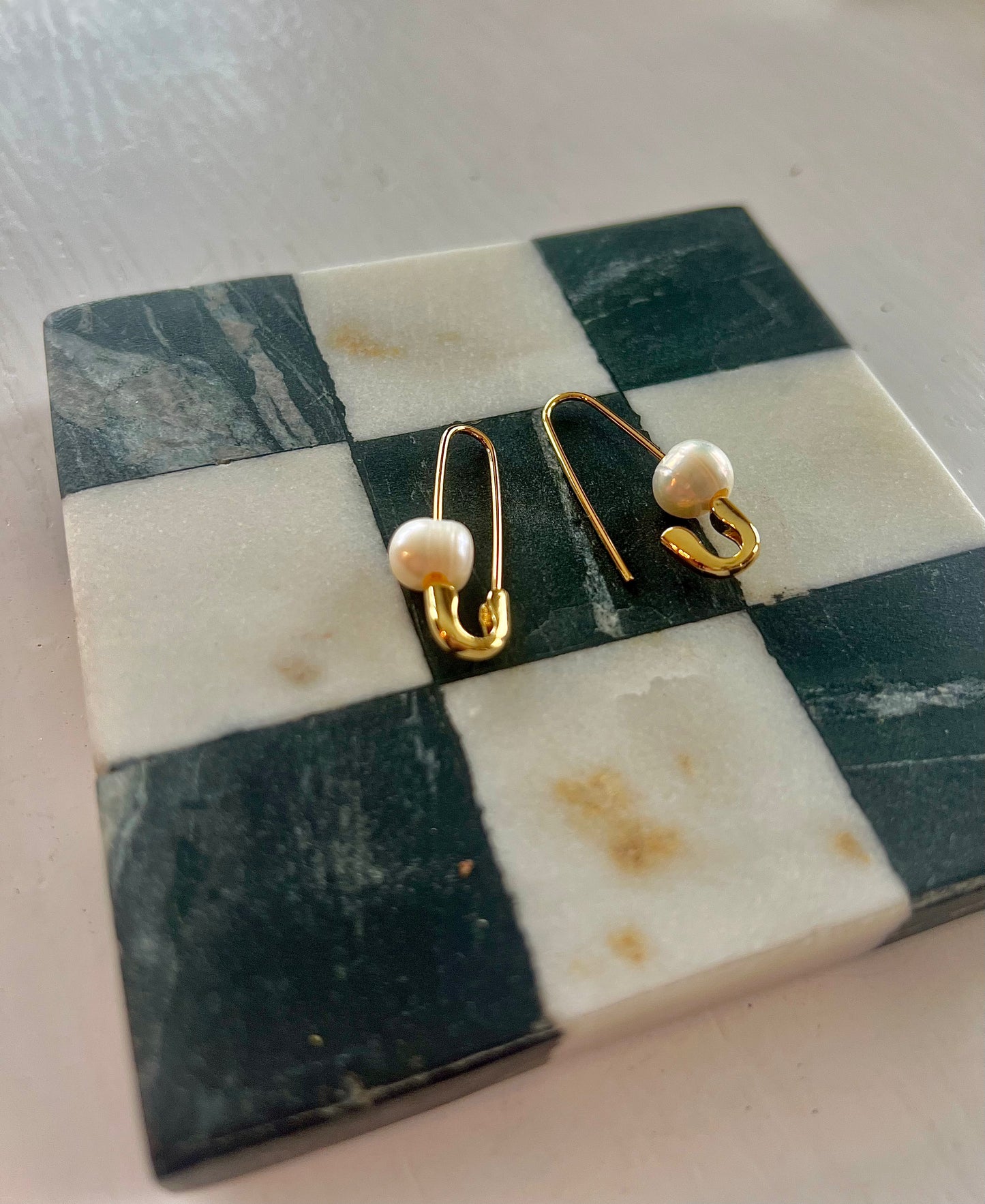 Gold + Pearl Safety Pin Earrings