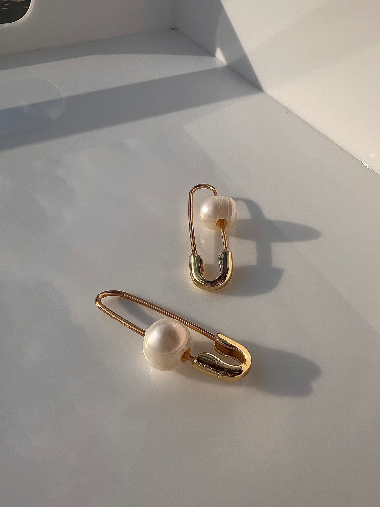 Gold + Pearl Safety Pin Earrings